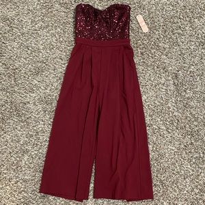 Gianni Bini (GB) burgundy red strapless sequin palazzo pants romper with pockets